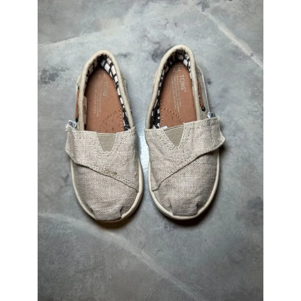 Toddler TOMS Tiny Bimini Natural Burlap Canvas Slip On Size T7, Hook and Loop